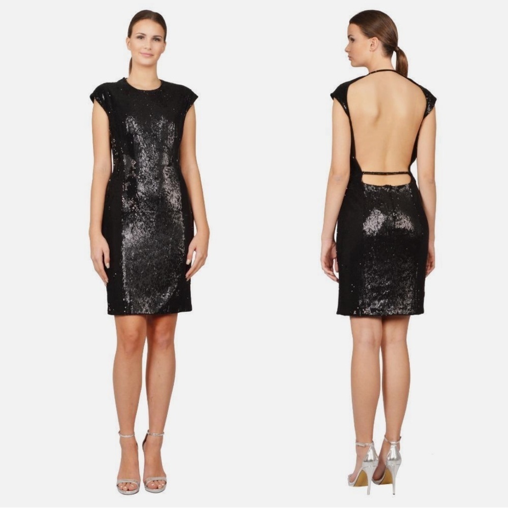 Kaufmanfranco Black Sequin Dress Open Back Backless NYE Party Wedding Guest Sexy